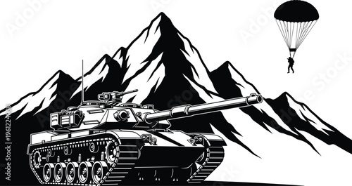 Black and white of tank with parachutist and mountains parachute