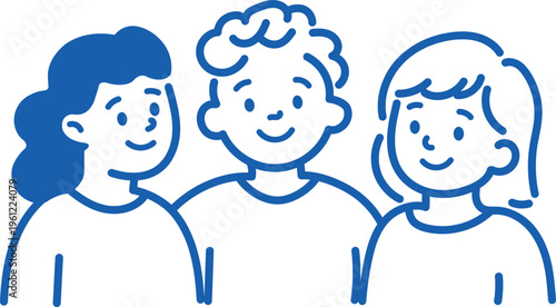 Group of three friends smiling together in blue outline style showing happy relationships.