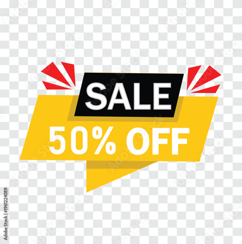 Sale 50 Percent Off Banner Vector – Discount Promotion Label, Special Offer Tag and Marketing Design Element