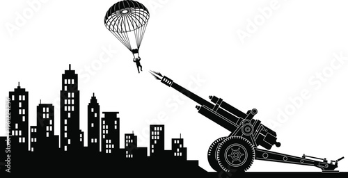Black silhouette of parachuter above cannon and city skyline