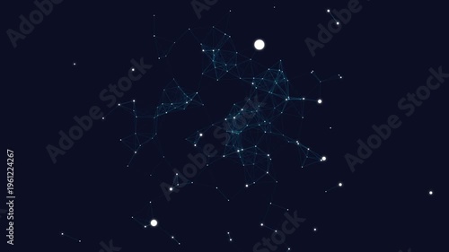 Dynamic digital network visualization: interconnected data points and lines expanding across a dark abstract space, representing global connections