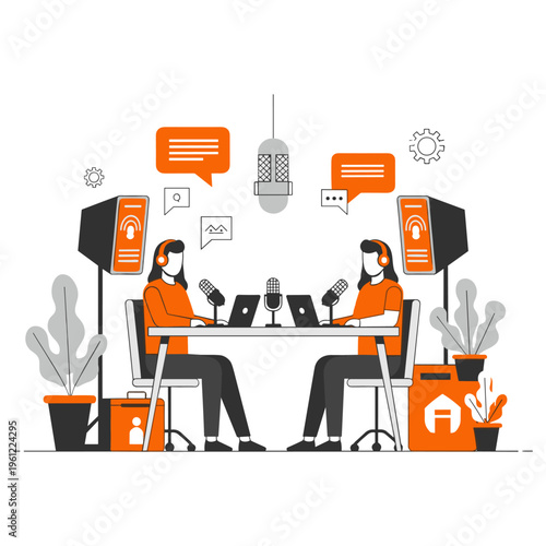 Podcast show with two female hosts interviewing using microphones laptops and sound equipment