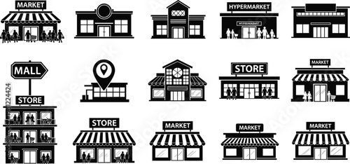 Retail Store and Market Building Icons Vector Set with Shops, Mall, Hypermarket and Commercial Storefront Silhouette Collection