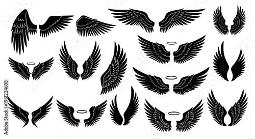 Wings set with black angel wings and halos, feathered illustrations featuring feathers, wing designs, graphic resource with icons and clipart