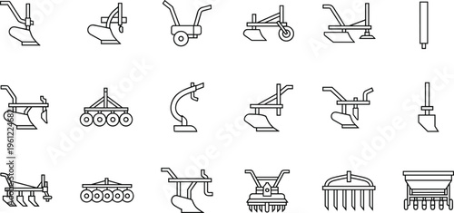 Collection of black-and-white line icons featuring plows, cultivators, harrows, seed drills, and soil-working farming tools arranged in grid design for agriculture industry illustration.