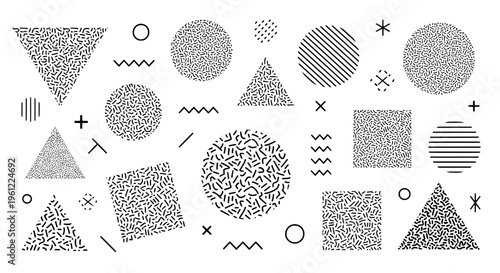 Shapes memphis set with black dots and lines on white background, geometric pattern featuring triangles, circles, squares with abstract and graphic