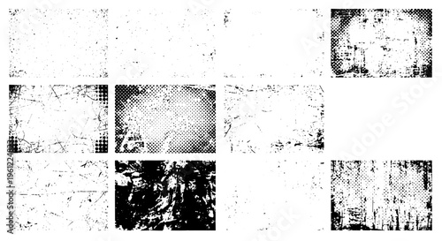 Grungy texture set with black and white rectangles and distressed effects, adding a vintage look to designs.