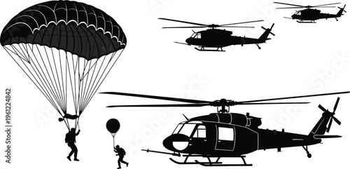 Black silhouettes of helicopters and parachuters in flight