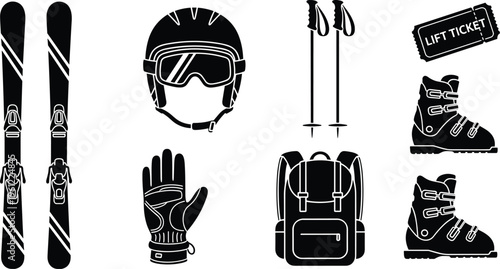 Set of black skiing equipment icons including skis helmet with goggles poles lift ticket glove backpack and boots on a white background vector