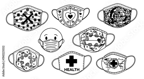 Face masks set with various designs and patterns for health protection featuring protective gear, COVID-19, pandemic with safety and hygiene elements