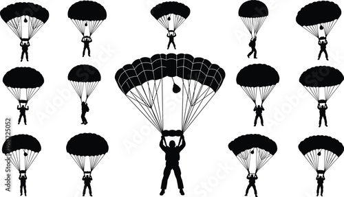 Black silhouettes of parachuters on white background skydiver