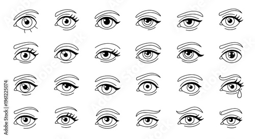 Eyes hand drawn set with different emotions and expressions in black lines on white background featuring eye, illustration, collection with facial