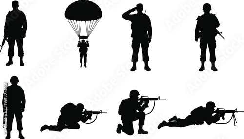 Black silhouettes of soldiers in various combat positions and actions on white background
