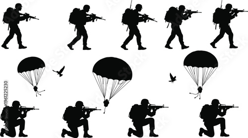 Black silhouettes of soldiers parachuting and shooting rifles parachute
