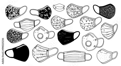 Masks face covering set with various patterns and designs, including floral, geometric, and solid colors, for protection and safety