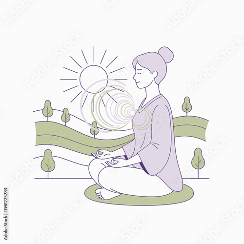 Woman meditating peacefully in a serene outdoor setting.