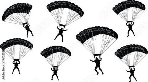 Eight black silhouettes of parachuters with open parachutes on white background