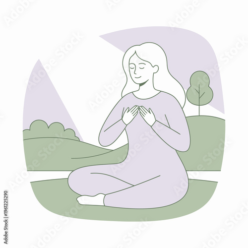 Woman meditating peacefully in a serene outdoor setting.