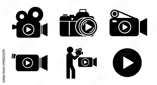 Cameras video recording set with play button icons and filmmaking elements in black silhouette featuring film, movie, camera with camcorder and
