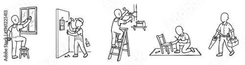 Handymen performing various home repair and maintenance tasks