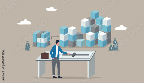 Scalable business model, flexibility to adapt expand business growth with cost efficiency concept, businessman expand in to scale down to cube box metaphor scalability
