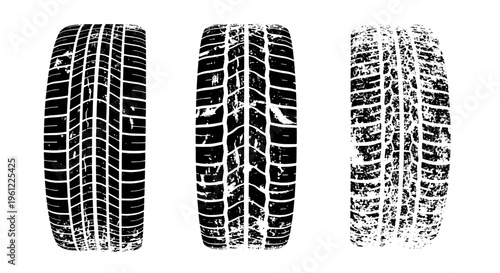 Tires set with different tread patterns and wear levels, black and white featuring tire, wheel, wheels with car and vehicle elements for automotive,