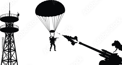 Parachuter descending near tower and anti-aircraft gun soldier silhouette