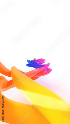 Colorful plastic bag with a handle, swirling, floating in mid-air, against a white background, possibly used for advertising or creative design