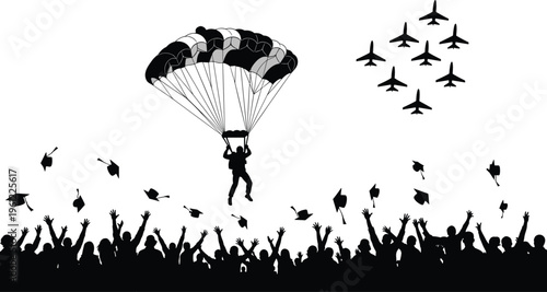 Silhouette of parachutist landing amidst crowd celebrating with graduation caps parachute people