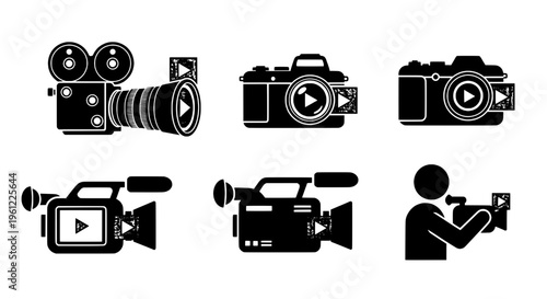 Cameras set with black vector icons including play buttons and various styles for recording and photography