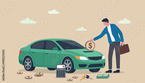 Car leasing or car loan, borrow money buy new car, rental auto maintenance cost debt, purchase buy new trend vehicle concept, businessman hand owner put car or dollar money coin into new car