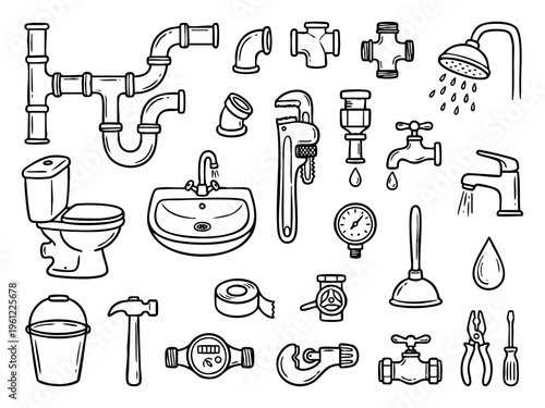 Plumbing tools and fixtures hand drawn doodle set