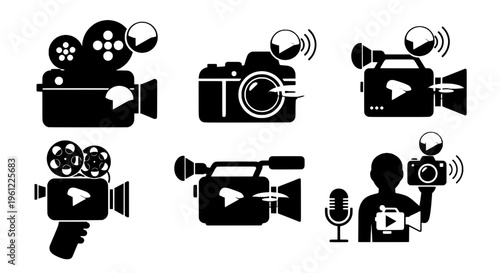 Cameras and video recorders set with various black silhouettes and play buttons featuring recording equipment, photography tools, camcorders with
