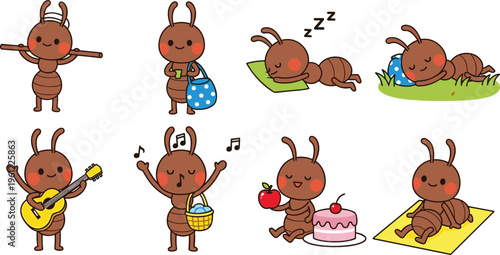 Cute Ant Character Activities Vector Set with Sleeping, Eating, Playing Guitar, Picnic and Daily Life Cartoon Mascot Illustration Collection