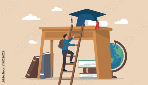Education degree achievement, graduation college creative university diploma, school learning classroom, wisdom to scholar concept, young adult or student climb up Big desk ladder reach graduate