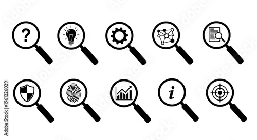Magnifying glass icons set with various symbols and signs featuring search, investigation, analysis with inspection and exploration elements for