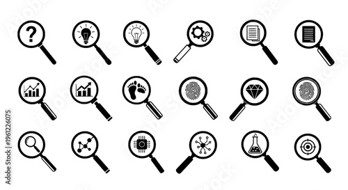 Magnifying glass icon set with various search symbols and signs inside lenses in black color featuring investigation, inspection, analysis with