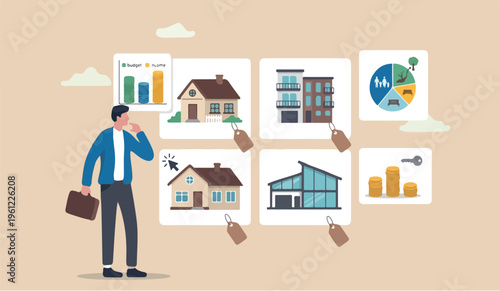House to go mortgage data analysis affordability calculation, picking new home base on budget,to income or lifestyle concept, businessman hand wisely think to picking different variant houses with