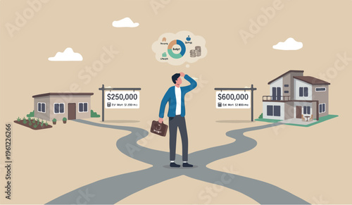 Housa analysis affordability calculation, picking new home base on budget,to income or lifestyle concept, businessman hand wisely think to picking different variant houses with price tag