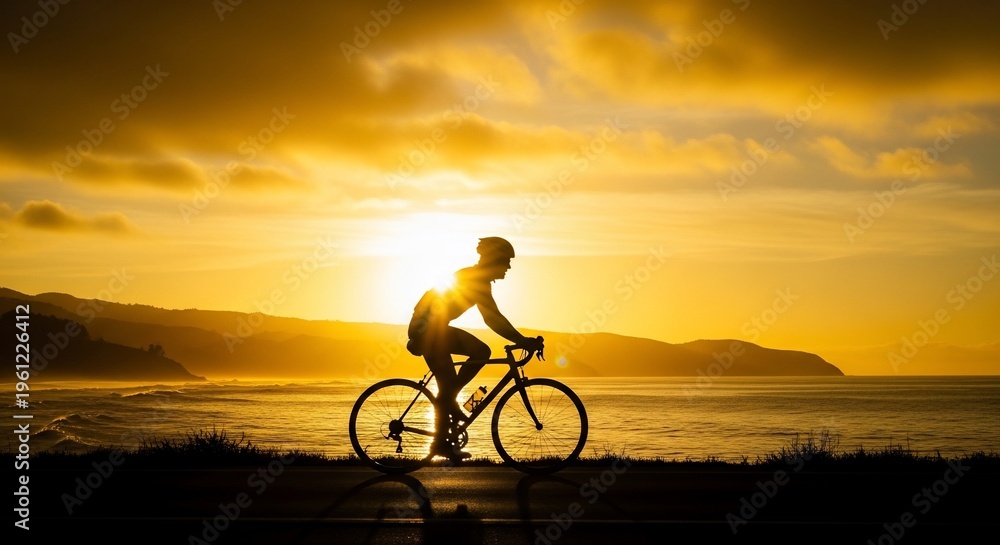 Obraz premium Silhouette of a cyclist riding a bicycle on the beach at sunset, with a vibrant golden sky and ocean waves.