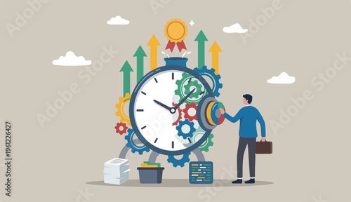 Efficiency or productivity, manage resources time to optimize work research management improvement development result increase performance effective process, businessman combine clock timer gear