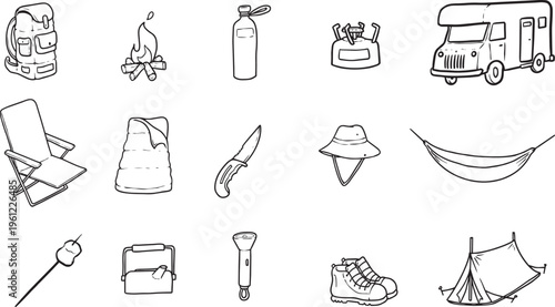 Camping and outdoor adventure gear set. Black and white line art icons of camping equipment, caravan, tent, and hiking tools.