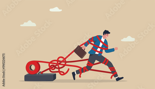 Business difficulty or struggle with career obstacle, limitation and trap challenge overcome to success concept, businessman tied up with red tape trying to run away with full effort