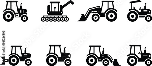 Eight black silhouette icons of tractors and heavy agricultural machinery including loaders, plows, tracked harvesters, and canopy tractors for farming, construction, and industry design.