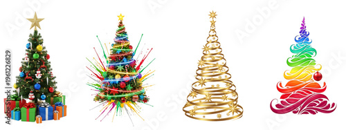 Four different christmas trees with unique decorations