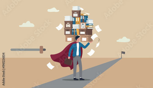 Handle busy work, manage workload complete multitasks deadline organize paperwork documents, effective productive concept, businessman superhero carry in to paperwork documents