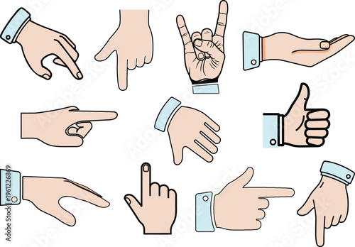 Hand gesture icon set with pointing fingers, thumbs up, rock sign, open palm and human communication symbols minimal outline vector collection