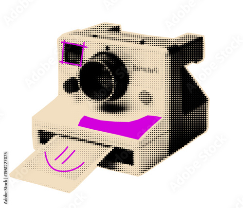 polaroid halftone cutout.  Instan camera mix media sticker for pop art collage or scrapbook.