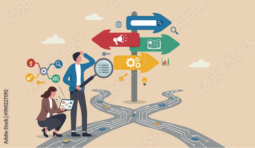 Digital, advertising agency teamwork career roadmap process development research management improvement development worker working on internet and digital line with SEO magnifying glass