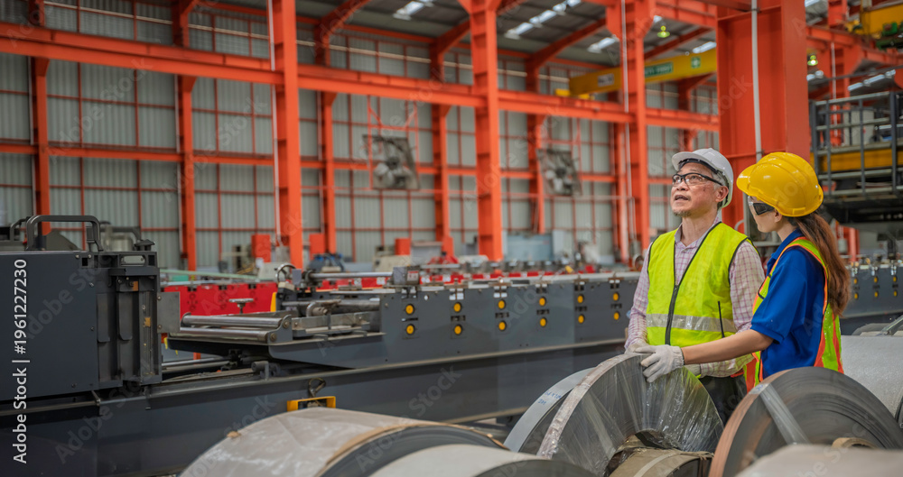 Fototapeta premium Exhausted senior factory worker wiping sweat while working on production line with colleague. Industrial teamwork, manufacturing effort, and workplace fatigue concept.